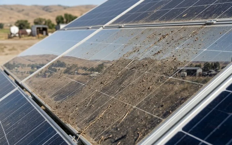 Close-up of agricultural dust and organic residue coating a solar panel on an Idaho farm