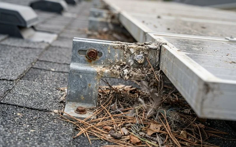 Corroded solar panel mounting hardware damaged by years of bird droppings and nesting debris