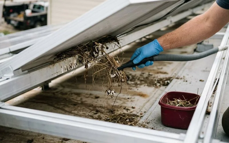 Nesting debris and bird droppings removed from under solar panels during a professional cleanup