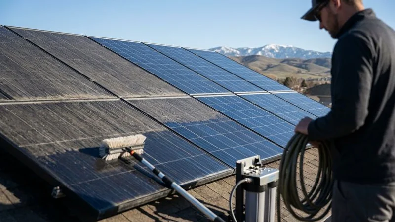 Before and after solar panel cleaning showing visible difference in panel clarity