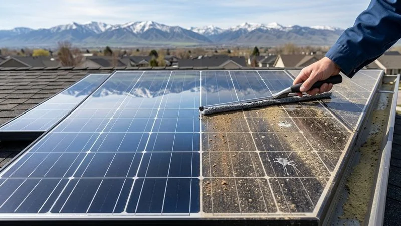 Close-up comparison of clean solar panel cell versus cell covered with dust, pollen, and bird droppings