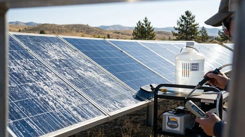 Comparison of hard water mineral deposits versus clean RO/DI water result on solar panel surface
