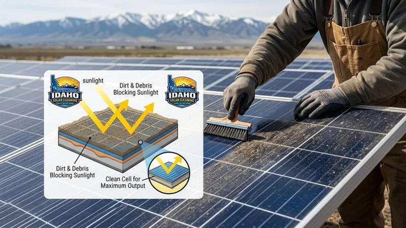 Diagram showing how dirt and debris block sunlight from reaching solar panel photovoltaic cells