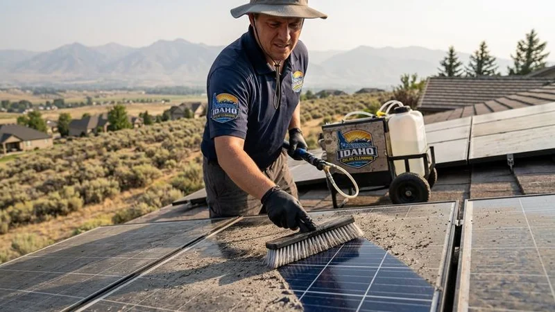 Professional technician cleaning wildfire ash and smoke residue from solar panels in Idaho