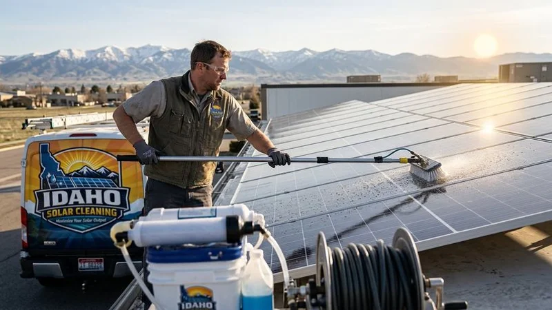 Professional solar panel cleaning technician using purified water system in Idaho