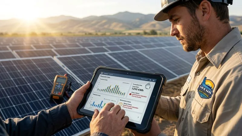 Solar panel monitoring dashboard showing production data and maintenance tracking