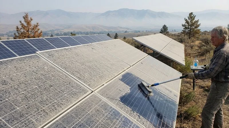 Solar panels coated with wildfire ash and smoke residue after Idaho fire season