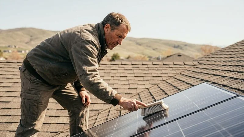 Solar panel spring maintenance inspection on an Idaho residential rooftop
