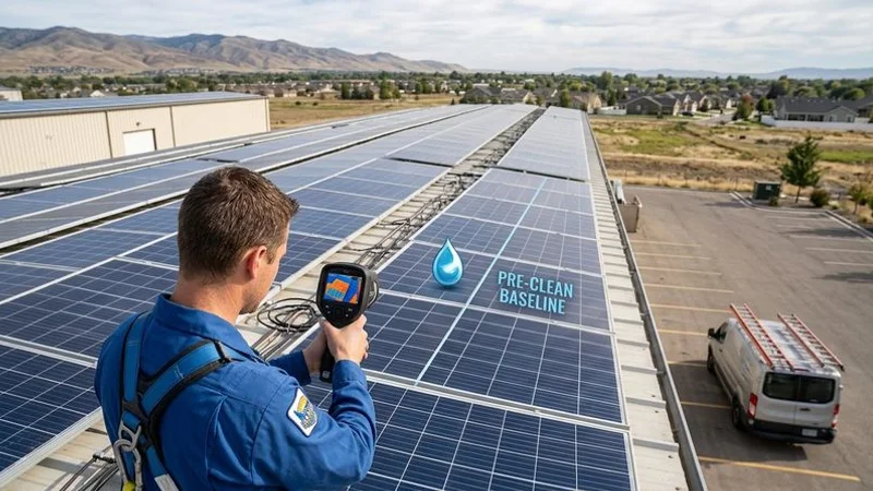 Technician performing thermal imaging inspection on a rooftop solar panel array in Idaho
