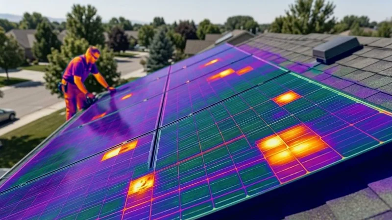 Thermal image of a solar panel array showing hot spots and temperature variations across cells