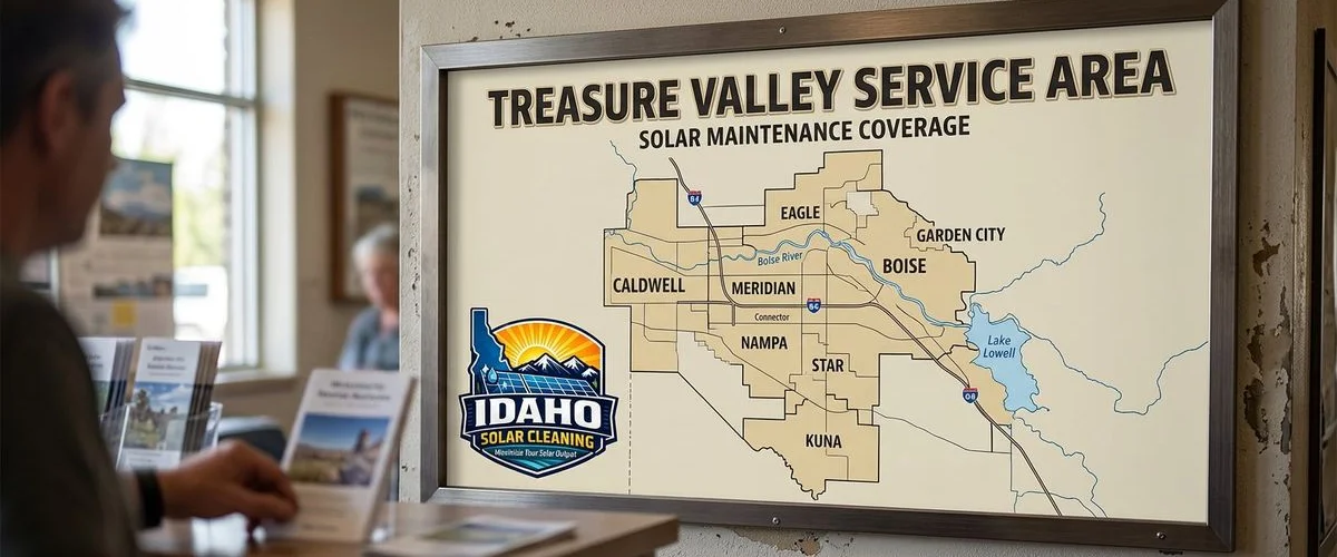 Map showing Idaho Solar Cleaning service areas across the Treasure Valley including Boise, Meridian, Eagle, Nampa, and surrounding cities